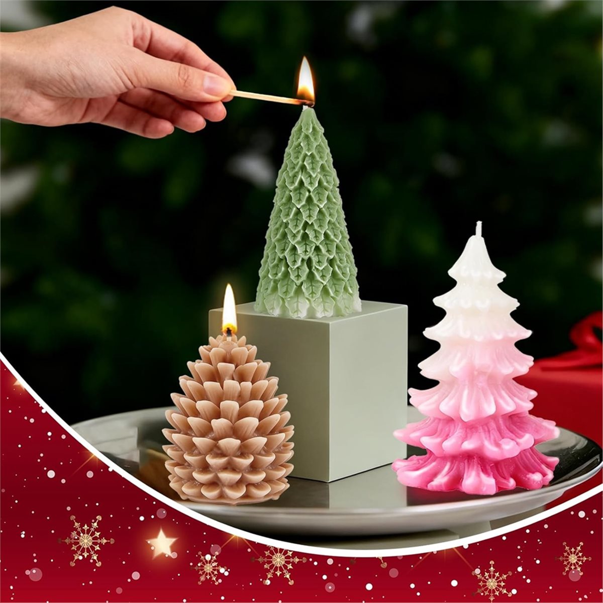 Xmas Candle Making - แม่พิมพ์ซิลิโคนคริสต์มาส 4 ชิ้น รูปต้นคริสต์มาสและโคนสน สำหรับทำเทียน งานฝีมือ