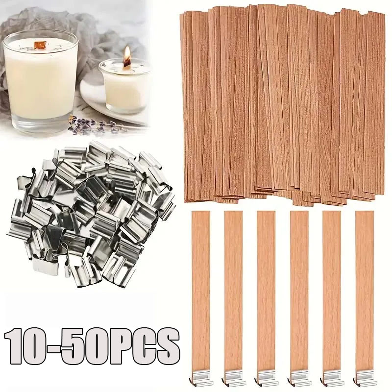 Wood Wick Crackle - ไส้เทียนไม้พร้อมฐานรอง ชุดทำเทียน DIY เป็นมิตรกับสิ่งแวดล้อม ไร้ควัน ไส้เทียนแบบแตกเสียง