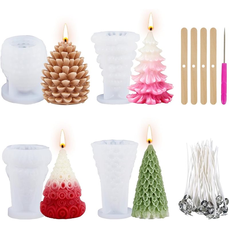 Xmas Candle Making - แม่พิมพ์ซิลิโคนคริสต์มาส แม่พิมพ์ซิลิโคนรูปต้นคริสต์มาสและโคนสน สำหรับทำเทียน ทำเทียนคริสต์มาสทำมือ DIY