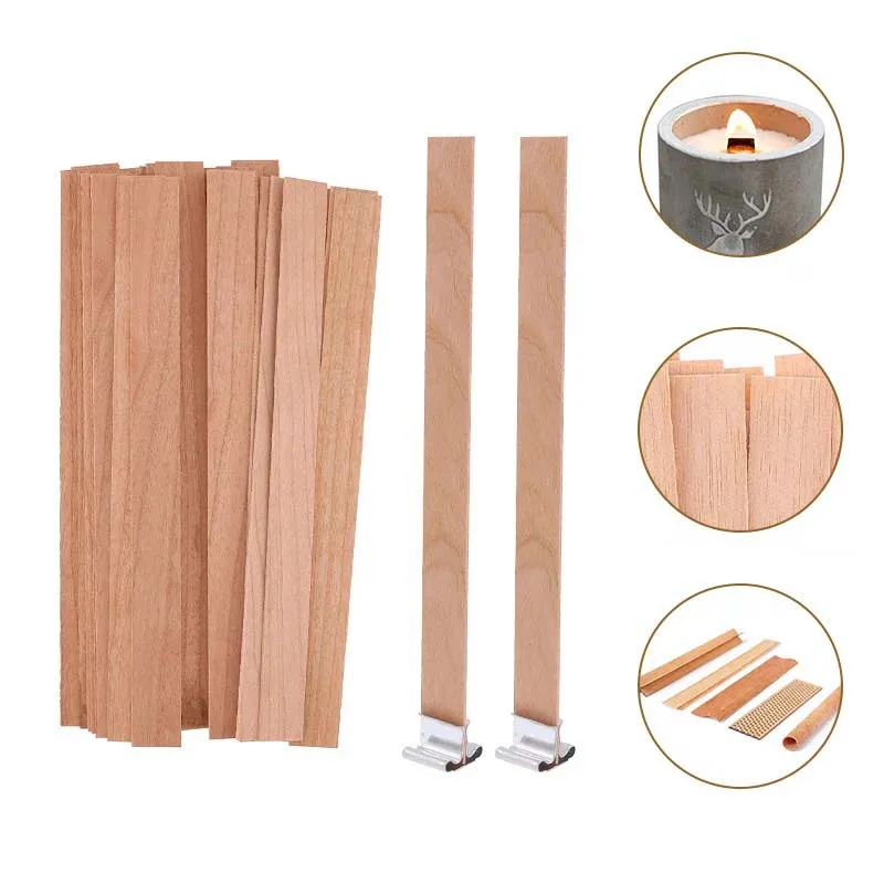 Wood Wick Crackle - ไส้เทียนไม้ธรรมชาติ 1-5 ถุง สำหรับทำเทียน พร้อมฐานโลหะ เสียงแตกแกรบ