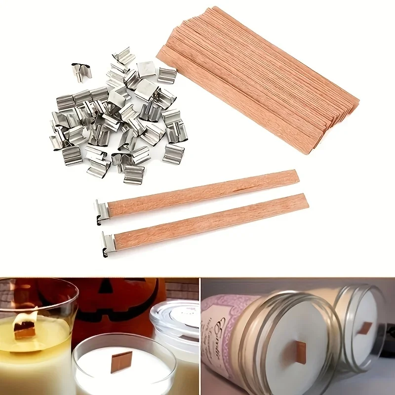 Wood Wick Crackle - ไส้เทียนไม้ 1-5 ถุง พร้อมฐานโลหะ สำหรับเทียนหอมแบบไม่มีควัน ไส้เทียนธรรมชาติ