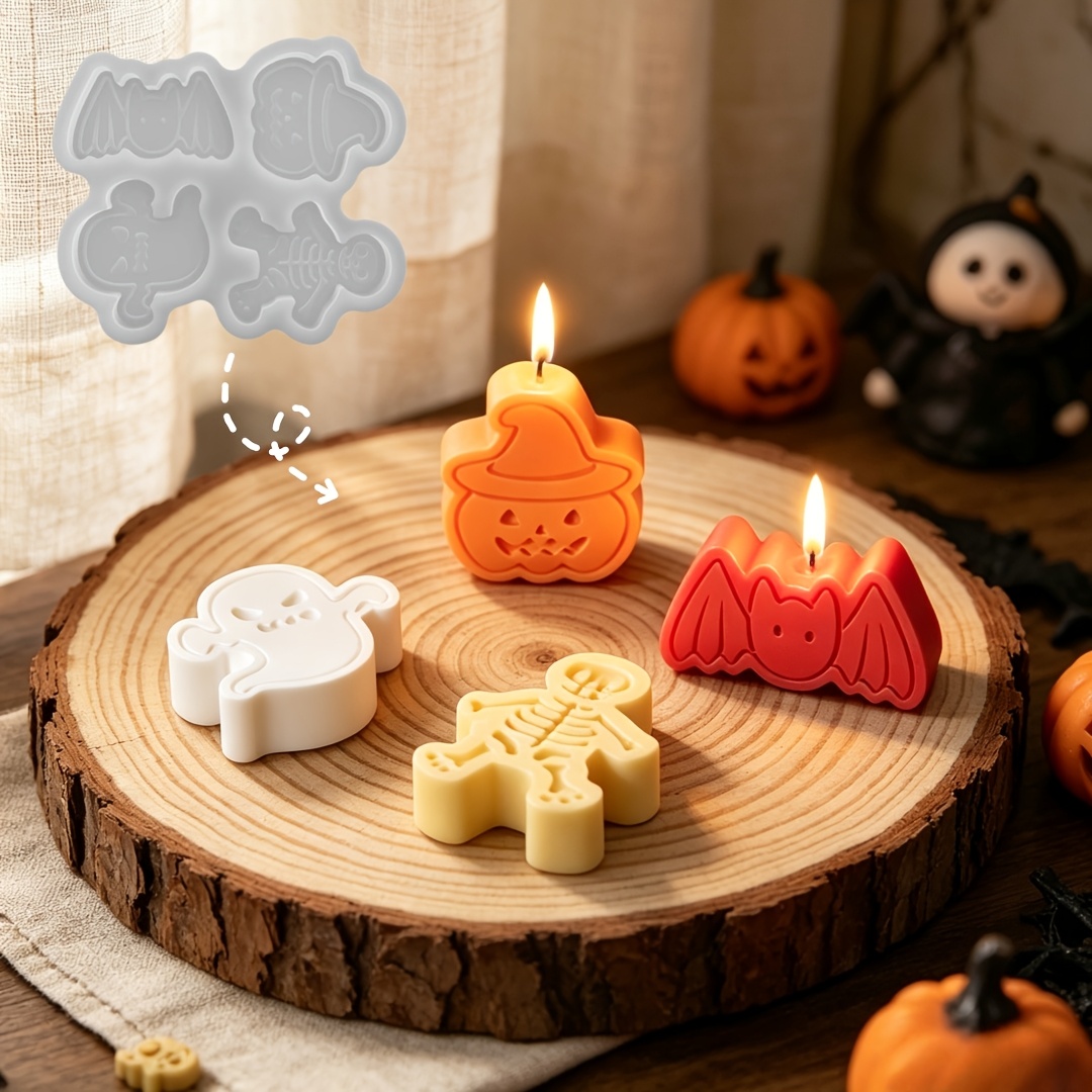 Candle Mold Silicone - ชุดแม่พิมพ์ซิลิโคน 4 ช่องสำหรับทำดินเหนียว DIY รูปผี ฟักทอง